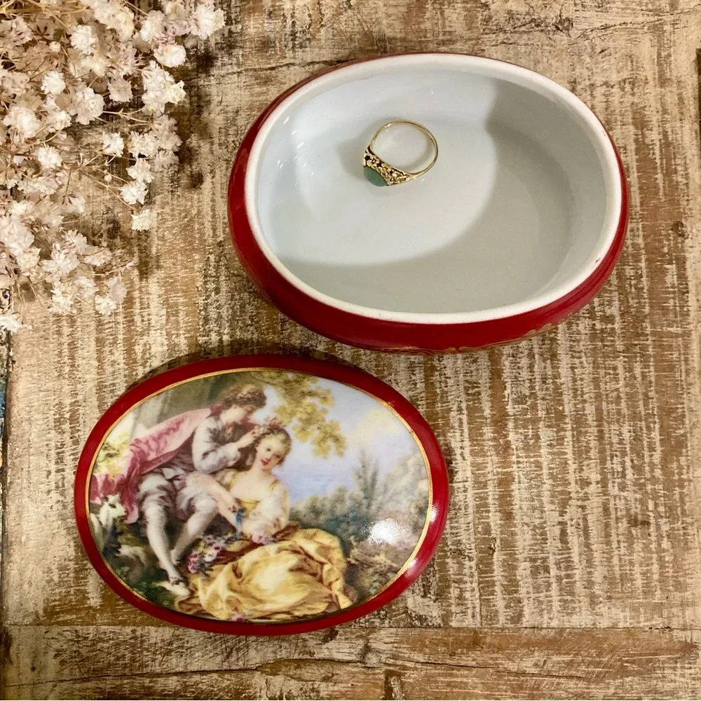 Limoges China Trinket Box with Rococo Couple – Red & Gold Oval Shaped
